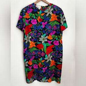 Vintage 80s Designer Spencer Jeremy Floral Short Sleeve Silk midi Dress 14